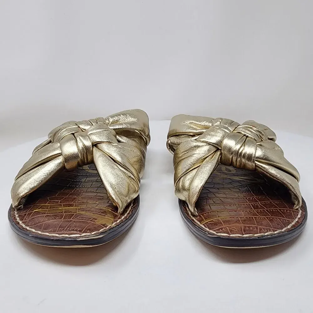 Sam Edelman Garson Slide Sandal Women 10 Gold Puffy Leather Knotted Flat Shoes
